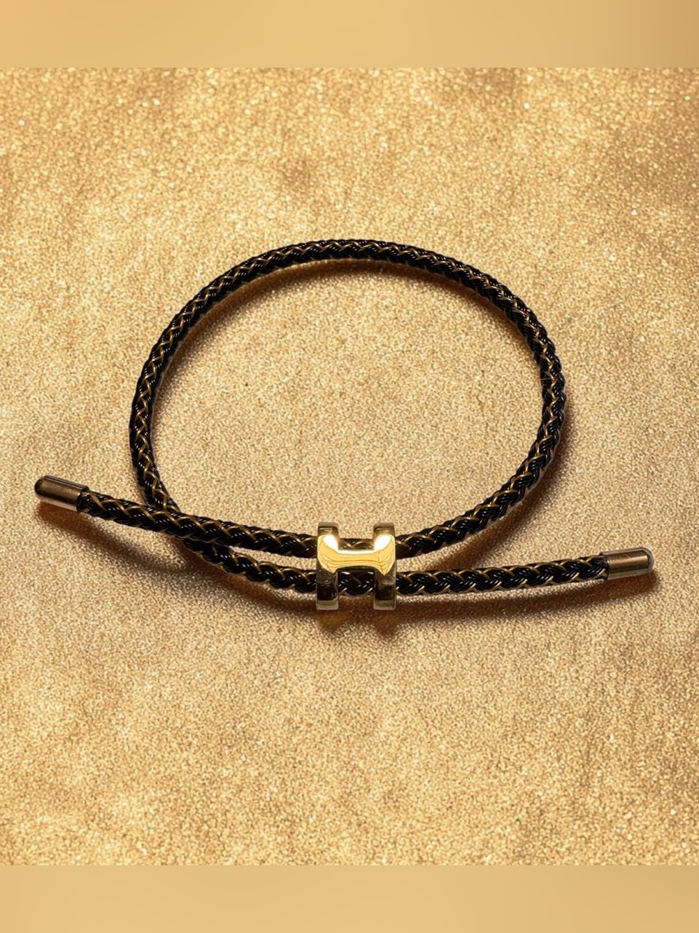 Black and Gold Braided Rope Cord Gold-Tone Stainless Steel Bracelet